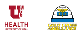 Gold Cross Ambulance and UHealth Logos. Horizontal:274x127px U of U Health and Gold Cross Ambulance logo